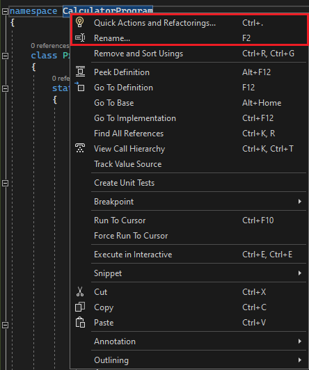 Snímek obrazovky znázorňující refaktoring v sadě Visual Studio