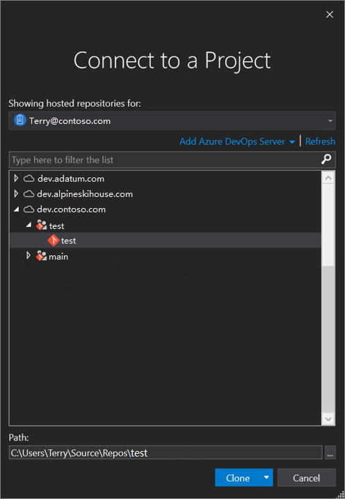 Screenshot of the 'Connect to a Project' dialog box that's generated from Visual Studio 2019 version 16.8 and later