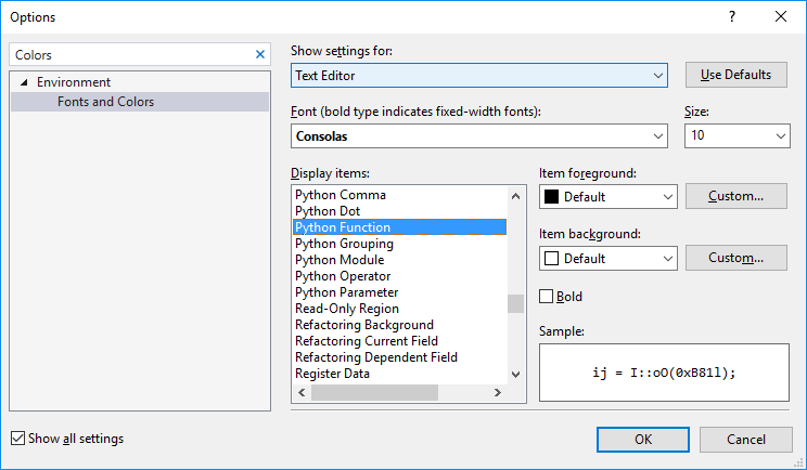 Snímek obrazovky s možnostmi Písma a barvy v sadě Visual Studio