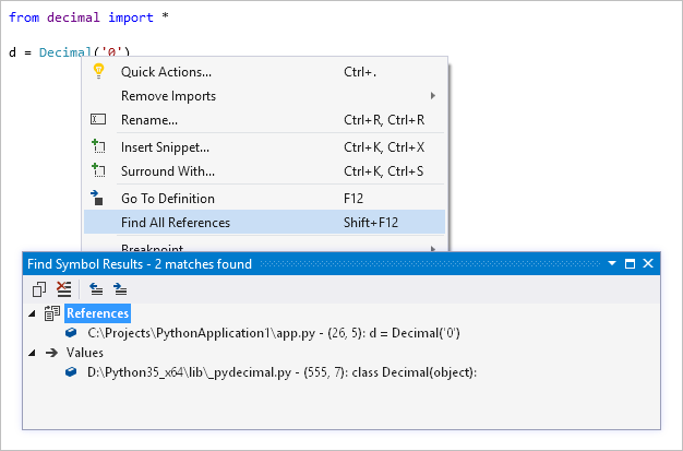 Snímek obrazovky znázorňující výsledky Hledání všech odkazů v sadě Visual Studio