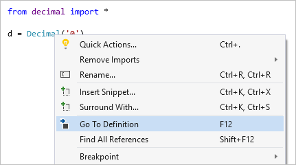 Snímek obrazovky znázorňující příkaz Přejít k definici v sadě Visual Studio