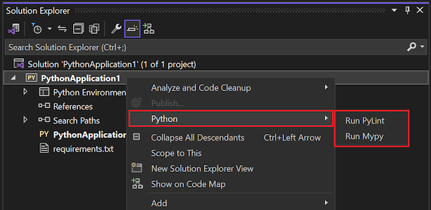 Snímek obrazovky znázorňující dostupné příkazy pro lintování pro projekty Pythonu v Průzkumník řešení