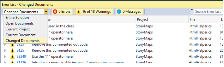 Filtrování seznamu chyb v sadě Visual Studio podle změněných souborů