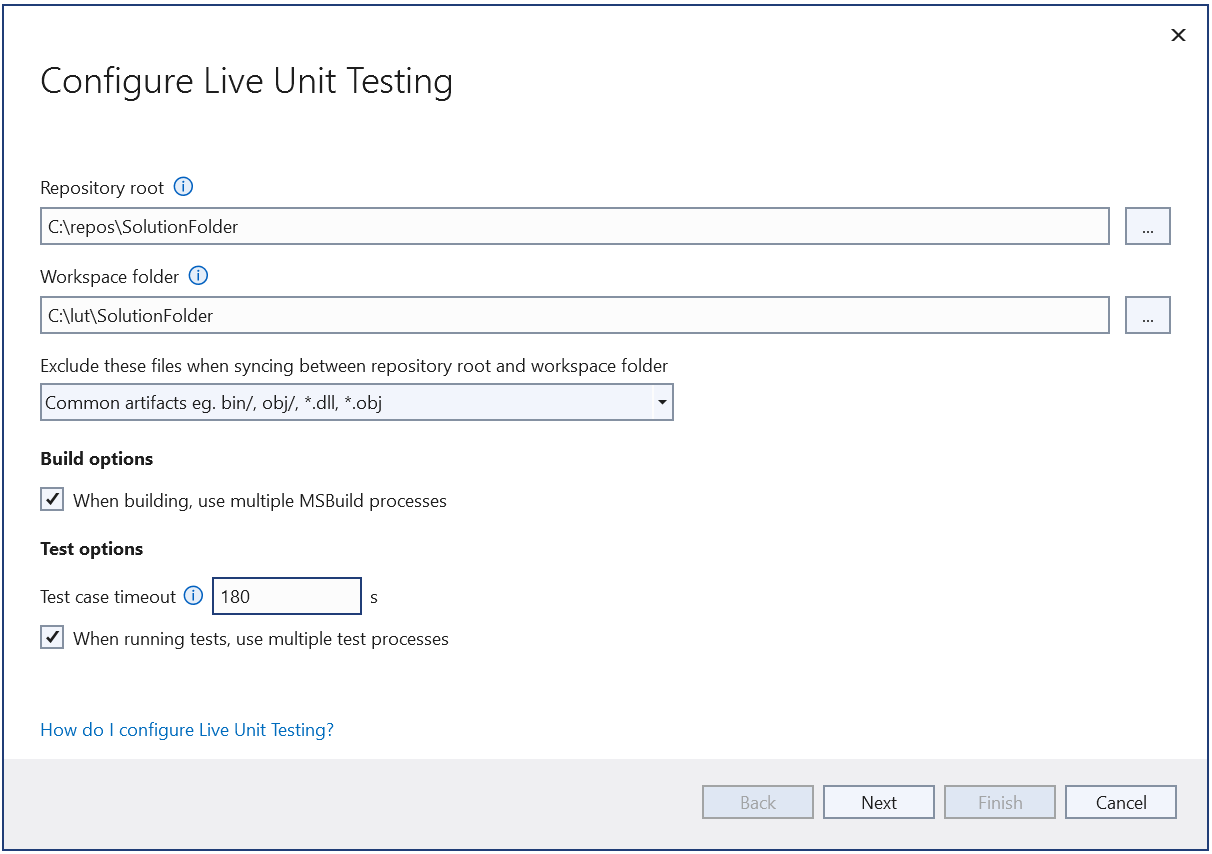 Snímek obrazovky znázorňující průvodce konfigurací Live Unit Testing na stránce 1