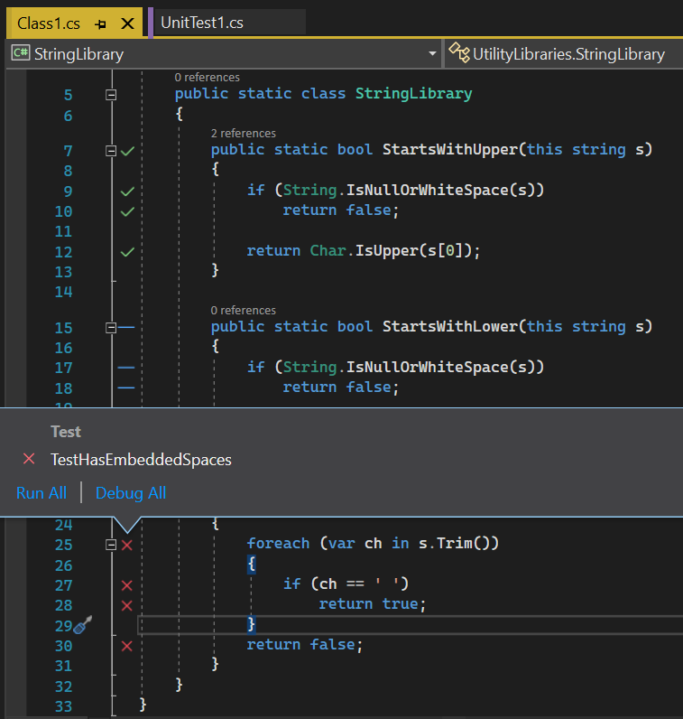 Snímek obrazovky znázorňující pokrytí kódu v sadě Visual Studio