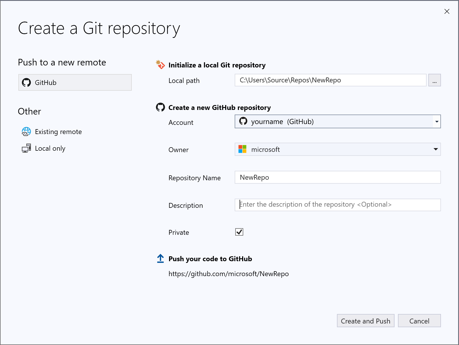 Dialogové okno Vytvořit úložiště Git v sadě Visual Studio