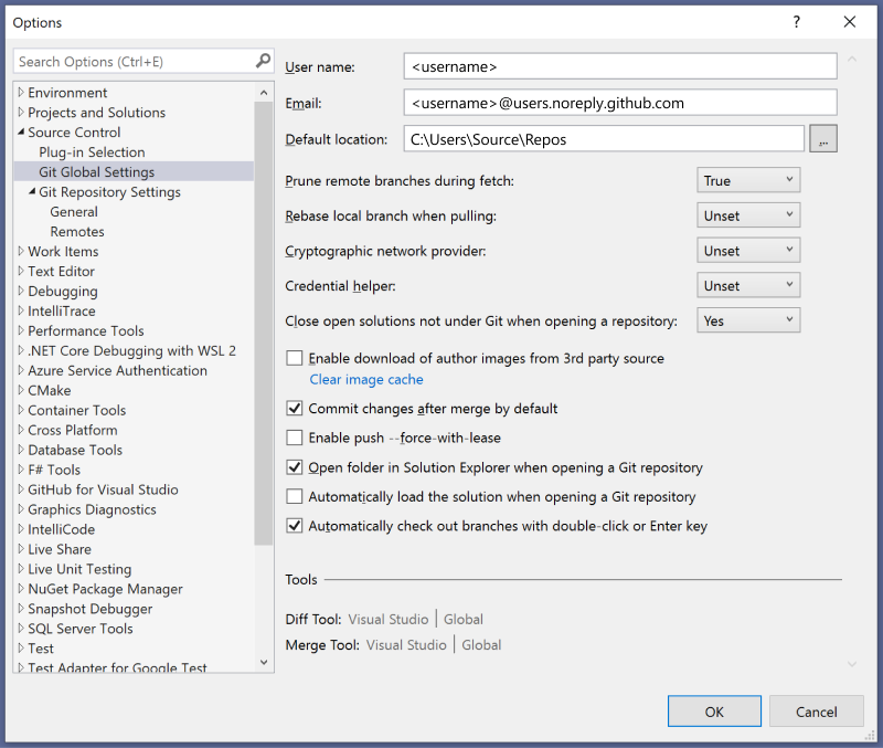 The Options dialog box where you can choose personalization and custom settings in Visual Studio IDE.