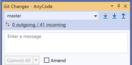 Okno Změny Gitu, které zobrazuje prvek uživatelského rozhraní rozevíracího seznamu indikátorů v sadě Visual Studio 