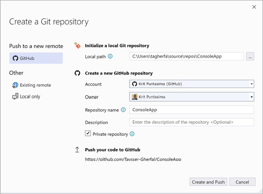 The Create a Git Repository dialog box in Visual Studio.