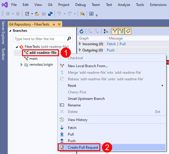 Snímek obrazovky s možností nabídky Vytvořit žádost o přijetí změn z místní nabídky větve v okně Úložiště Git v sadě Visual Studio