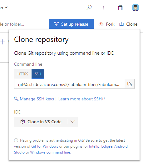 Snímek obrazovky znázorňující klonovanou adresu URL SSH v Azure Repos