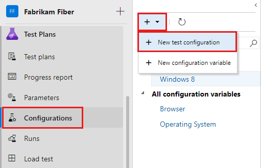 Snímek obrazovky ukazuje možnost Nová konfigurace testu v nabídce Nový.