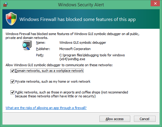 Screenshot of Windows Security Alert with selections to allow access to all three network types.