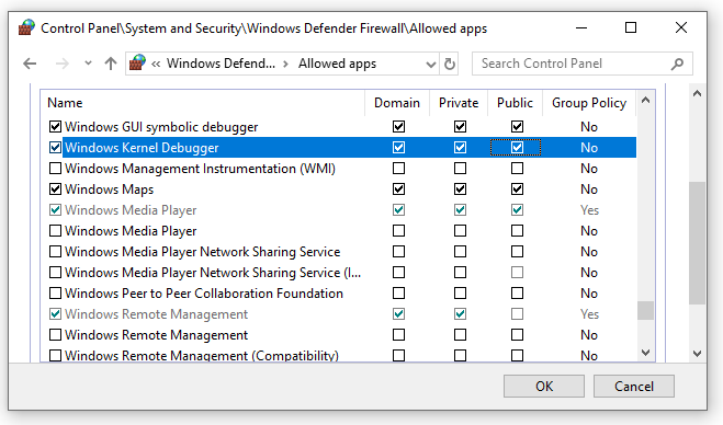 Screenshot of Control Panel firewall configuration displaying Windows GUI Symbolic Debugger and Windows Kernel Debugger applications with all three network types enabled.
