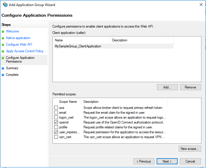 Screenshot of the Configure Application Permissions page of the Add Application Group Wizard.