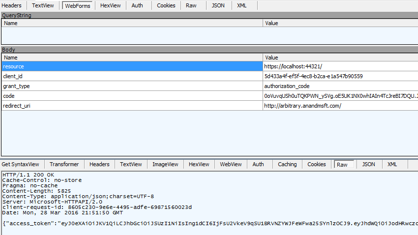 Screenshot of the WebForms tab and the Raw tab in the Fiddler U I showing the presented access code.