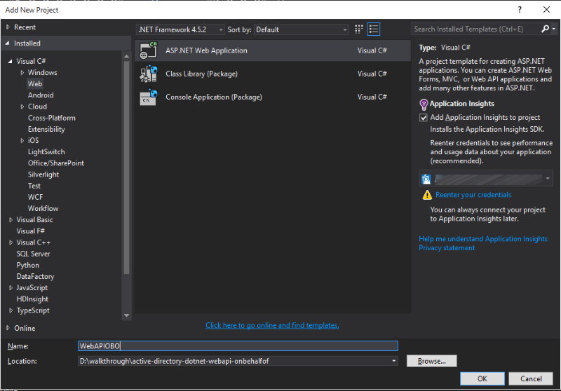 Screenshot of the Add New Project dialog box with the A S P dot NET option highlighted.