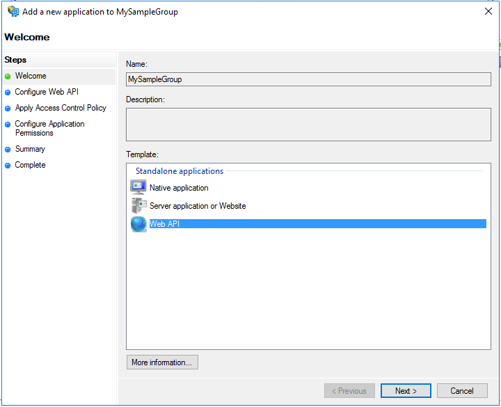 Screenshot of the Welcome page of the Add a new application to MySampleGroup wizard with the Web API option highlighted.