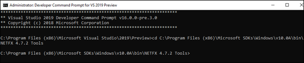 Screenshot that shows the Developer Command Prompt for Visual Studio.