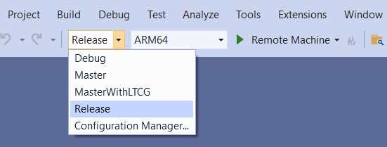 Snímek obrazovky znázorňující možnosti kompilace v sadě Visual Studio