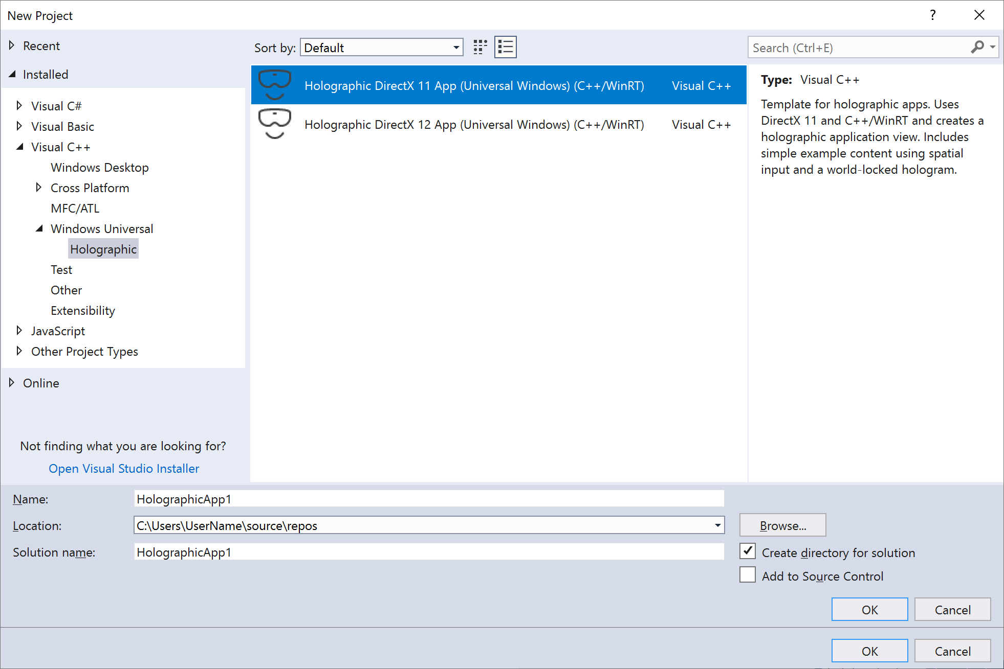 Snímek obrazovky se šablonou projektu aplikace Holographic DirectX 11 pro C++/WinRT PRO UPW v sadě Visual Studio 2017