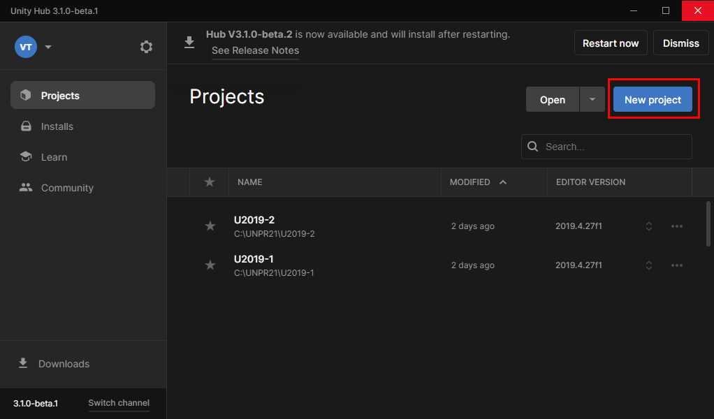 Snímek obrazovky Unity Hubu na kartě Projekty se zvýrazněným tlačítkem New Project (Nový projekt)