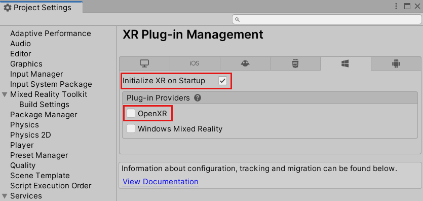 Snímek obrazovky s oknem Nastavení projektu uvnitř Univerzální platforma Windows s vybranou možností Inicializovat XR při spuštění a zvýrazněným modulem plug-in OpenXR