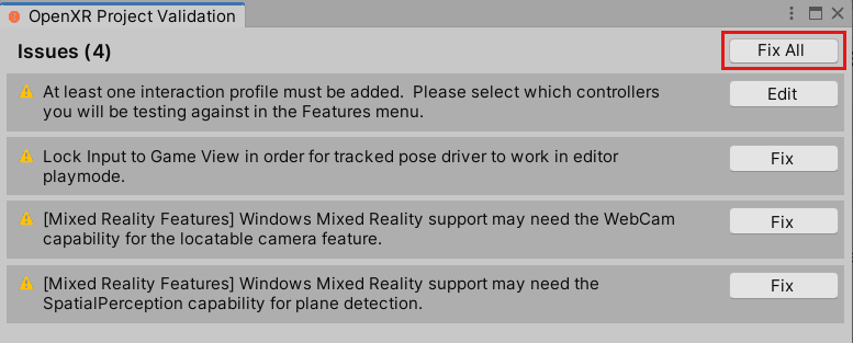 Snímek obrazovky s tlačítkem Opravit vše v okně OpenXR Project Validation