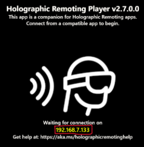 Snímek obrazovky s holografickým přehrávačem vzdálené komunikace spuštěným na HoloLens 2 s IP adresou zakroužkovanou
