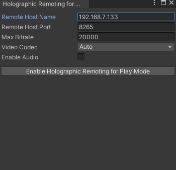 Snímek obrazovky s oknem Holographic Remoting for Play Mode (Režim přehrávání)