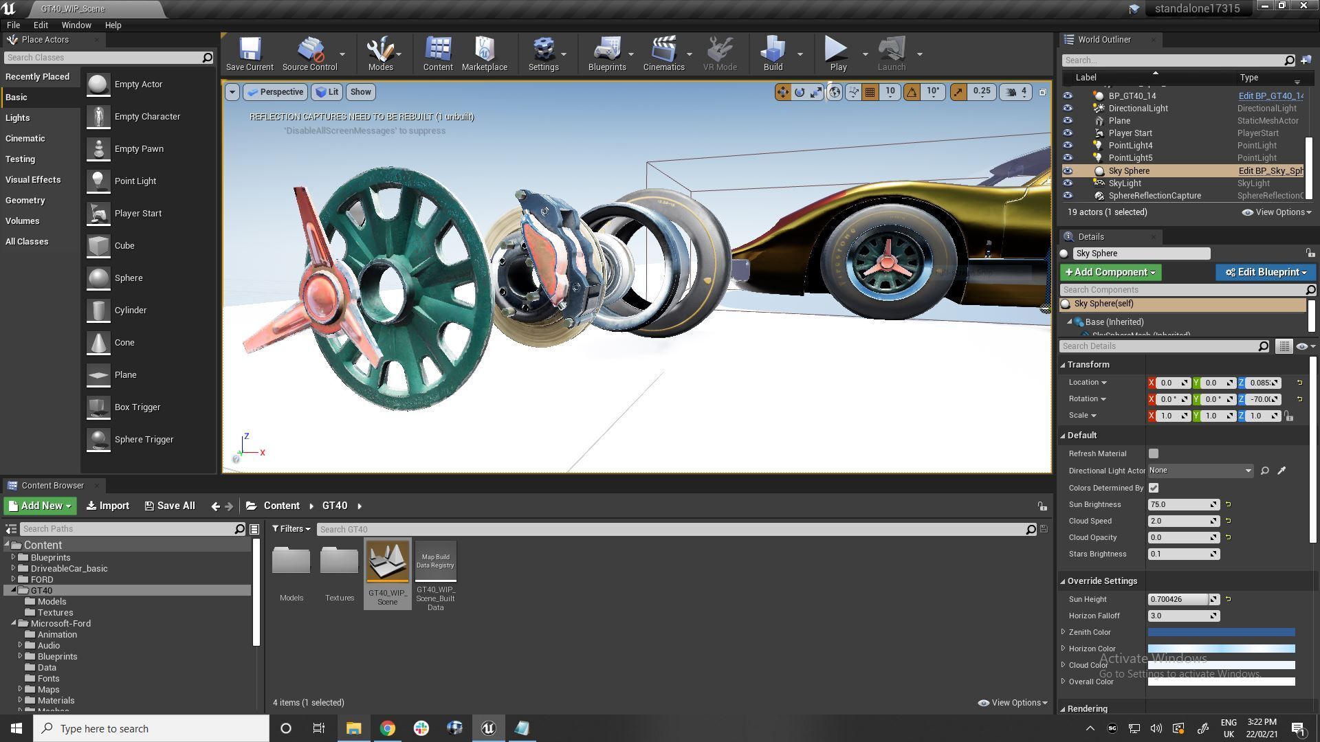 Unreal editor Aplikace Ford GT40 běžící s komponentami kol rozloženými v pořadí