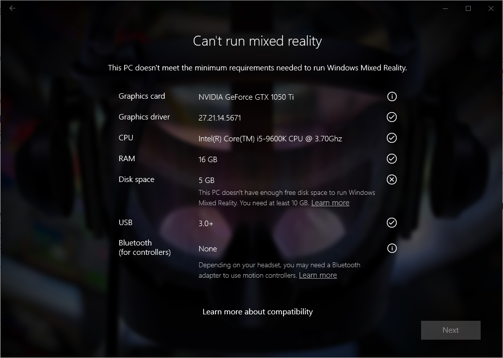 Snímek obrazovky s kontrolou Windows Mixed Reality počítače