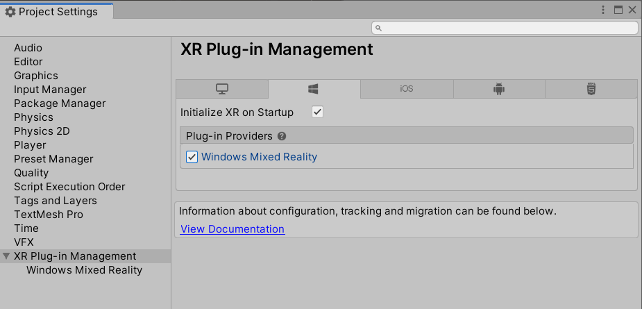 Správa modulu plug-in XR s vybranou kartou Windows