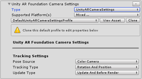 Konfigurace nastavení kamery Unity AR