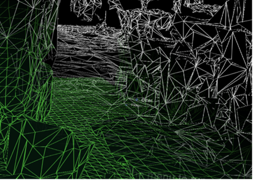 Prostorová mapovací síť v bílé barvě a porozumění síti herních prostorů v zelené barvě
