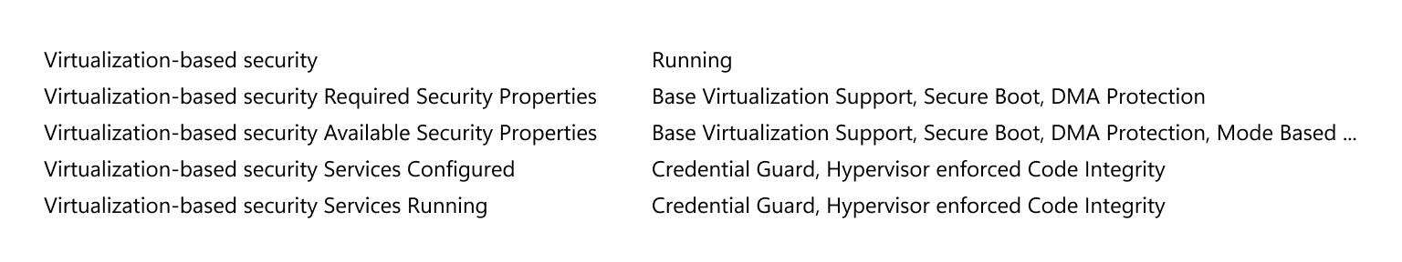 The 'Virtualization-based security Services Running' entry lists Credential Guard in System Information (msinfo32.exe).