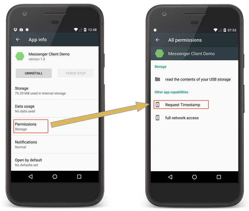 Snímky obrazovky ze zařízení s Androidem ukazující, jak najít oprávnění udělená aplikaci