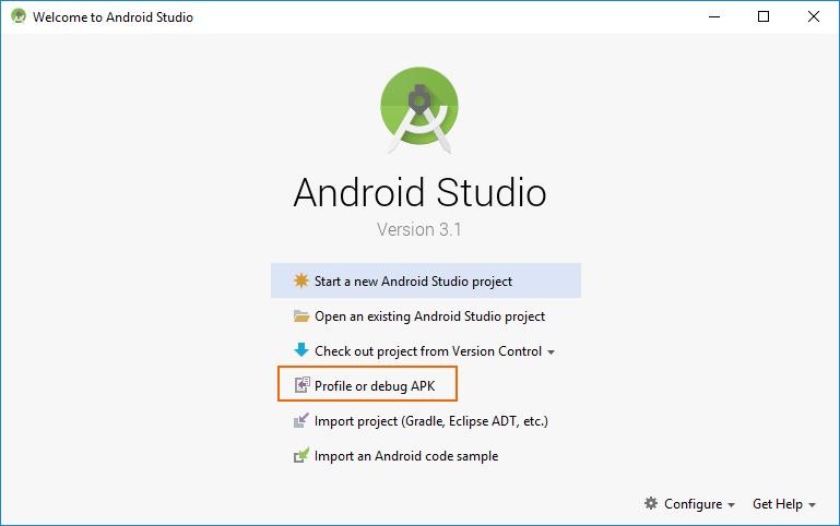 Spuštění profileru ze spouštěcí obrazovky Android Studia