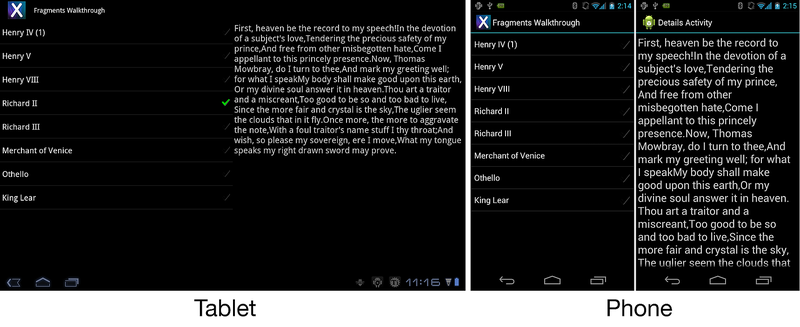 Snímky obrazovky s objektem ListFragment na tabletu a na telefonu