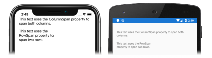 Snímek obrazovky s objektem Grid, jehož obsah zasahuje do více sloupců a řádků, v iOSu a Androidu