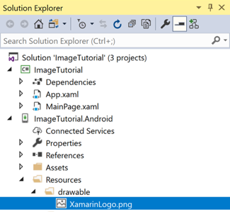Snímek obrazovky se souborem obrázku jako prostředkem pro Android v sadě Visual Studio