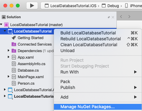 Snímek obrazovky s vybranou položkou nabídky Přidat balíčky NuGet