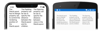 Snímek obrazovky s vodorovně orientovanými podřízenými zobrazeními v StackLayout, v iOSu a Androidu