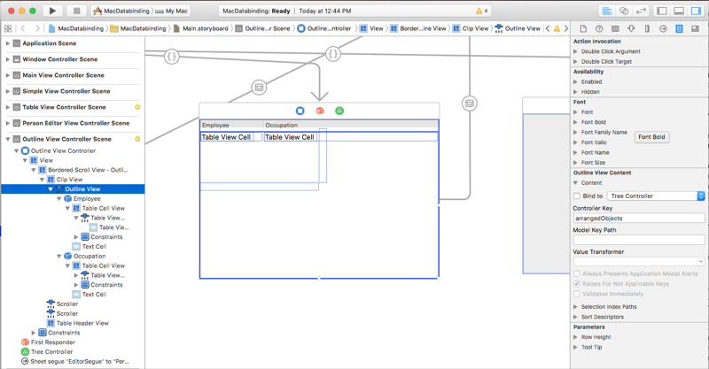 Selecting the Outline View and Binding Inspector.