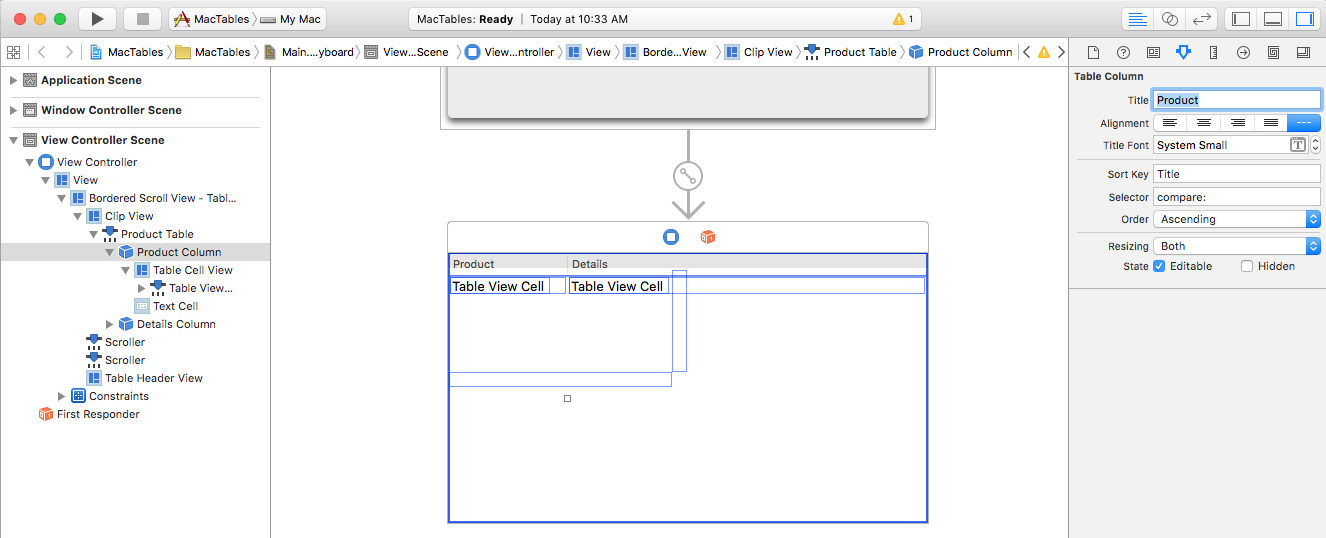 Snímek obrazovky se zobrazí Interface Builder, kde můžete nastavit klíč řazení pro sloupec produkt.