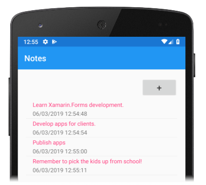 Snímek obrazovky s poznámkami na mobilním zařízení s modrým bannerem a barevným textem poznámky