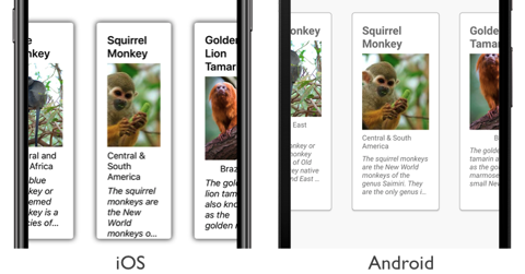 snímek obrazovky CollectionView s částečně viditelnými sousedními položkami v oblasti iOS a Android