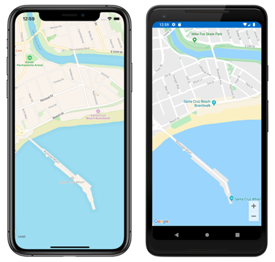Screenshot of map control with specified location, on iOS and Android