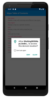 Snímek obrazovky s žádostí o oprávnění k umístění v Androidu