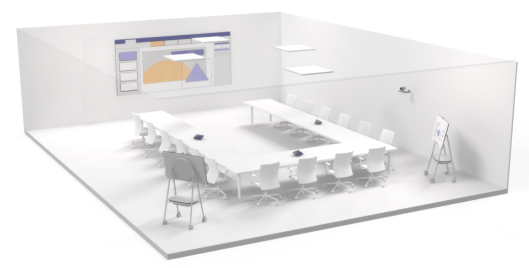 Render of a large room optimized for Teams meetings with a projector-based display and touch consoles.